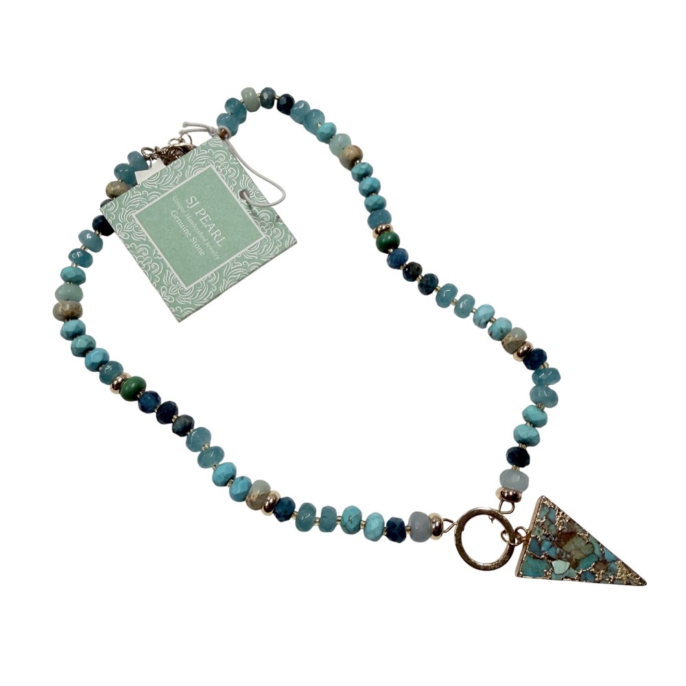 SJ Pearl Natural Jade Beaded Necklace Blue Teal Triangle Pendant Handcrafted NEW